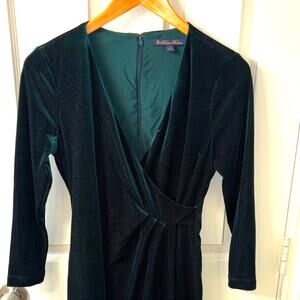 Brooks Brothers Size 4 Faux Wrap knee/Midi Sheath dress Green sparkle holiday